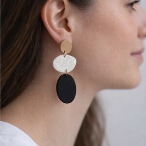 Handmade Clay Black, White & Gold Drop Earrings